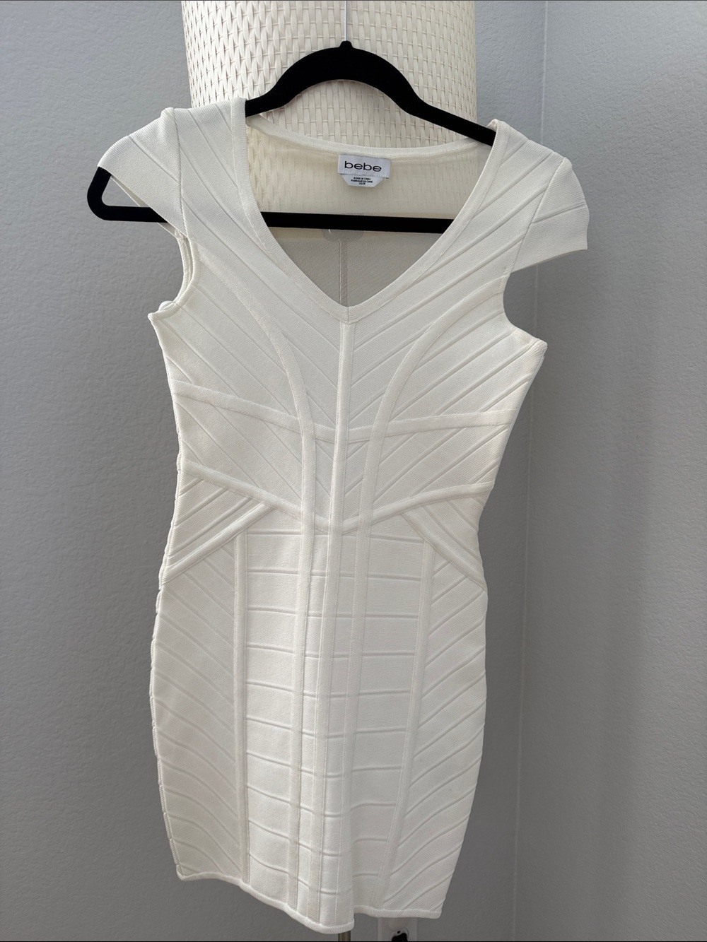 bebe Off-White V-Neck Backless Mesh Bandage Mini Dress